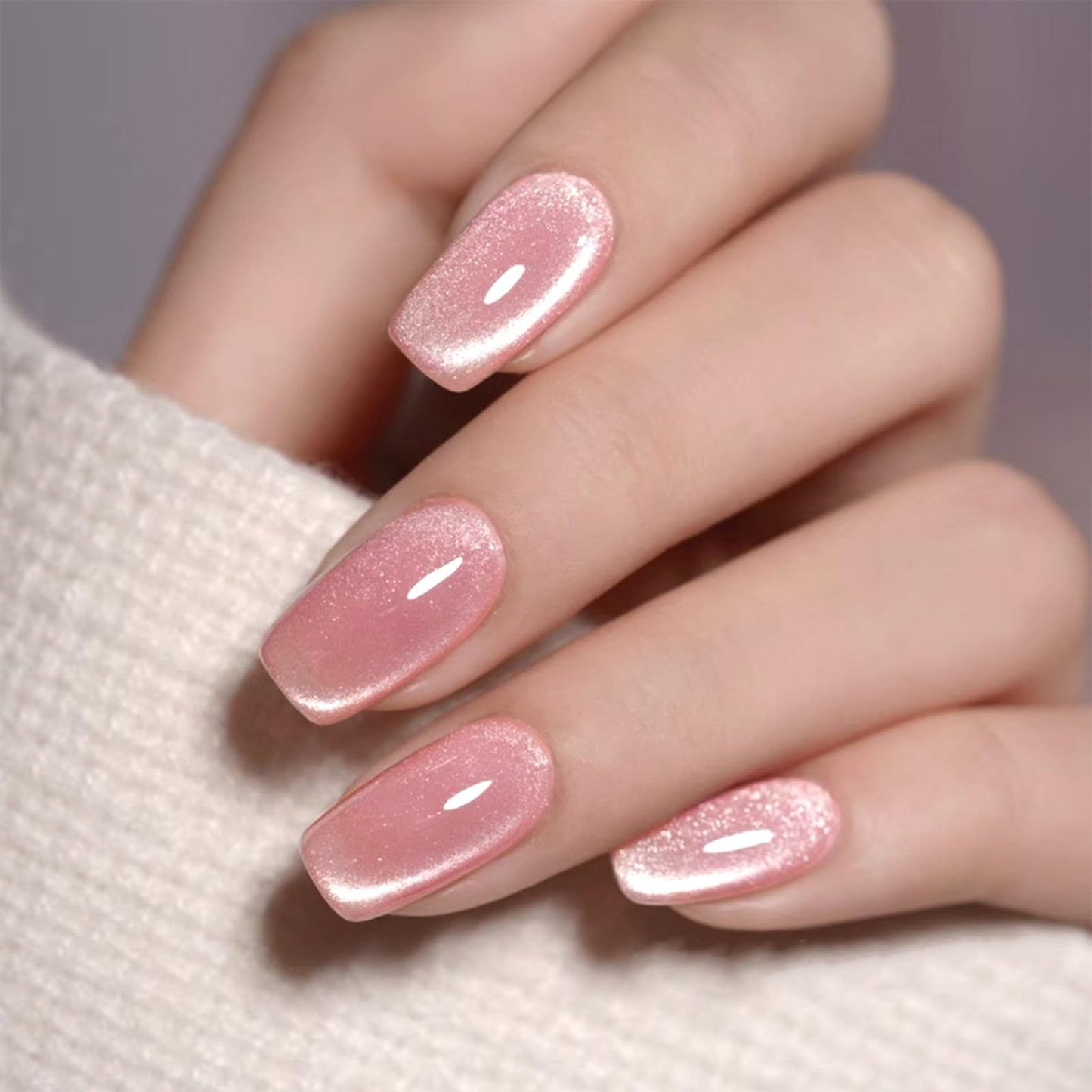 Acrylic Press on Nails Medium Square Fake Nails RUPOFUZA 24Pcs Glossy False Nails with Pink Cat Eye Press ons Designs Nails Press on Artificial Nails Stick on Nails for Women