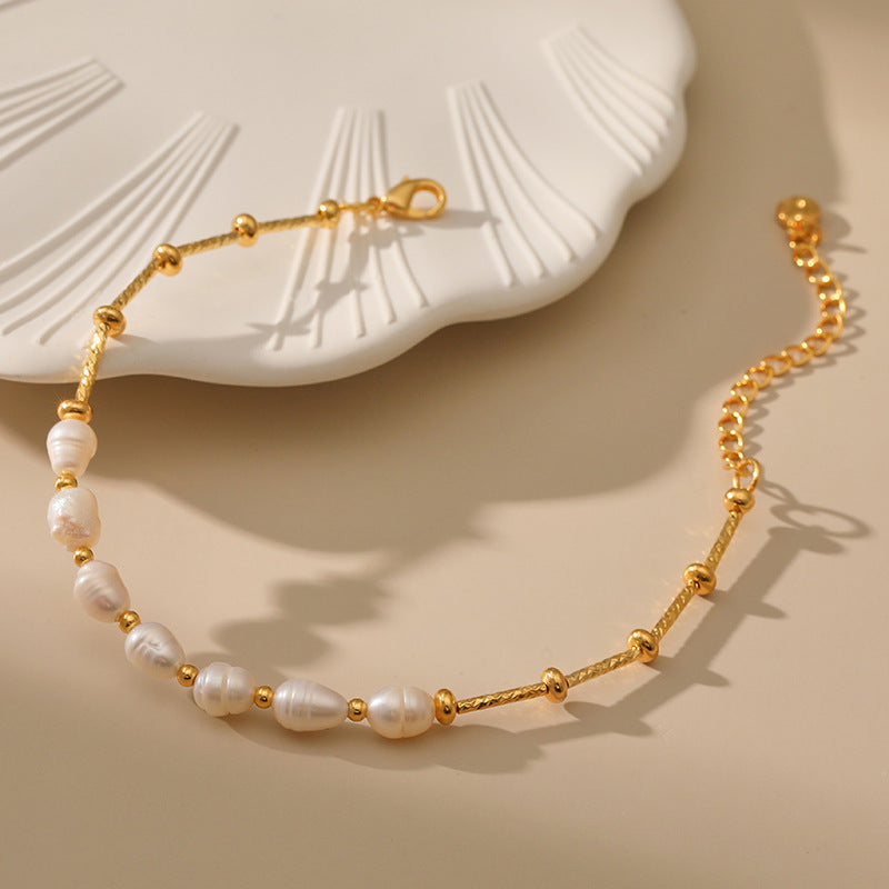 Gold Pearl Round Bead Copper Chain Necklace