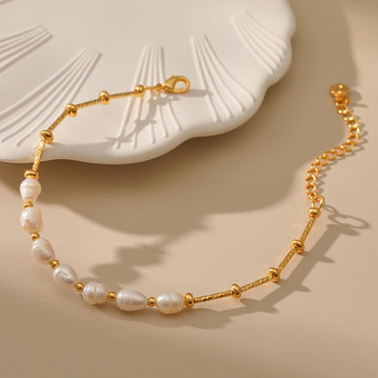 Gold Pearl Round Bead Copper Chain Necklace
