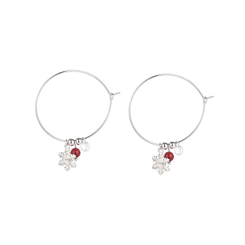 S925 Silver Korean Style Snowflake Earrings with Red Balls