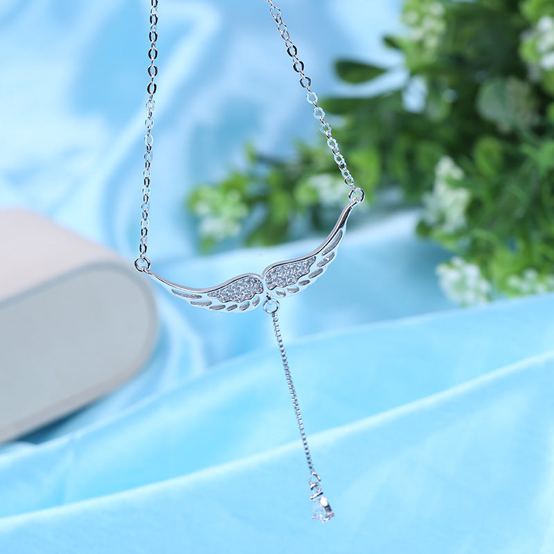 S925 Silver Angel Wings Pendant Necklace with Zirconia
