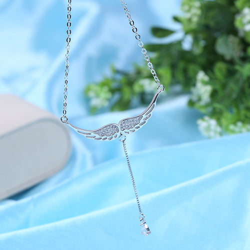 S925 Silver Angel Wings Pendant Necklace with Zirconia
