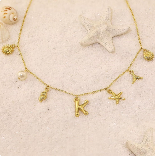 26 Bamboo Letter Necklace - Starfish, Shell & Conch Design