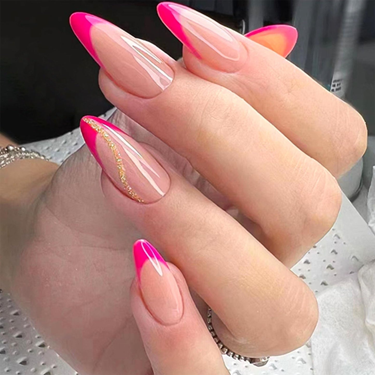Rose Red French Tip Press on Nails Medium Almond Fake Nails Press ons Nude Full Cover Acrylic Nails Golden Glitter Lines Glue on Nails Glossy Artificial Stick on Nails for Women 24Pcs
