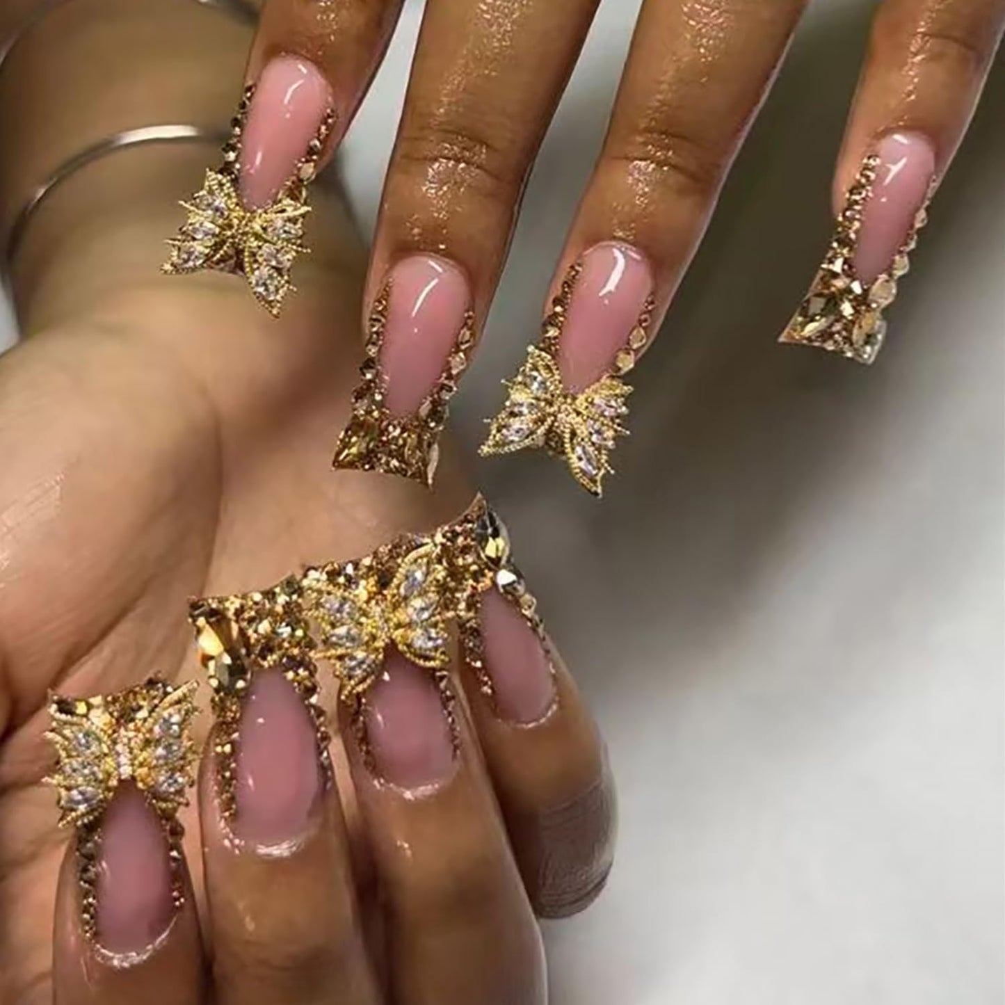 Gold French Tip Press on Nails Medium Square Fake Nails with Luxury Butterfly Rhinestones Design French Full Cover Artificial Glue on Nails Sparkly False Nails Acrylic Stick on Nails for Women 24Pcs