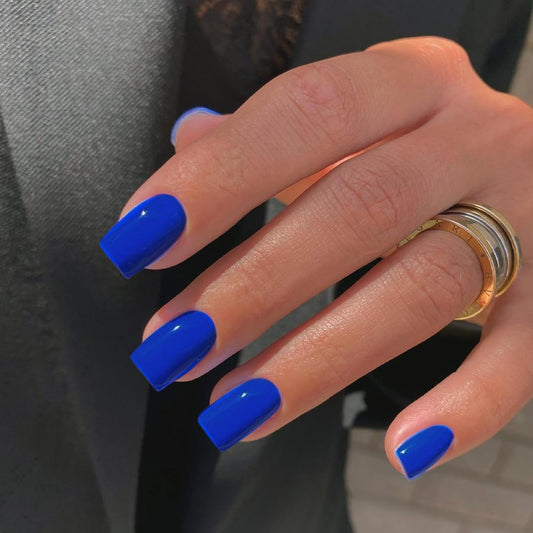 GGDECA Short Press on Nails Blue Fake Nails Solid Color Glue on Nails Glossy Acrylic Nails Square False Nails Full Cover Artificial Stick on Nails for Woman 24Pcs