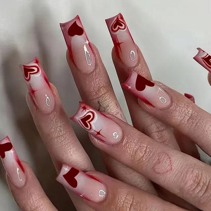 Valentines Press on Nails Heart Fake Nails Glossy Full Cover Long Square Acrylic Nails Stick on Nails Red False Nails French Tip Glue on Nails for Women Girls Valentine Nails Decorations24PCS