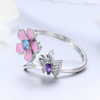 S925 Silver Butterfly Flower Open Ring for Women