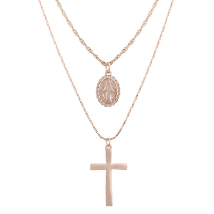 Cross Virgin Mary Pendant, Cross Necklace, Layered Coin Necklace