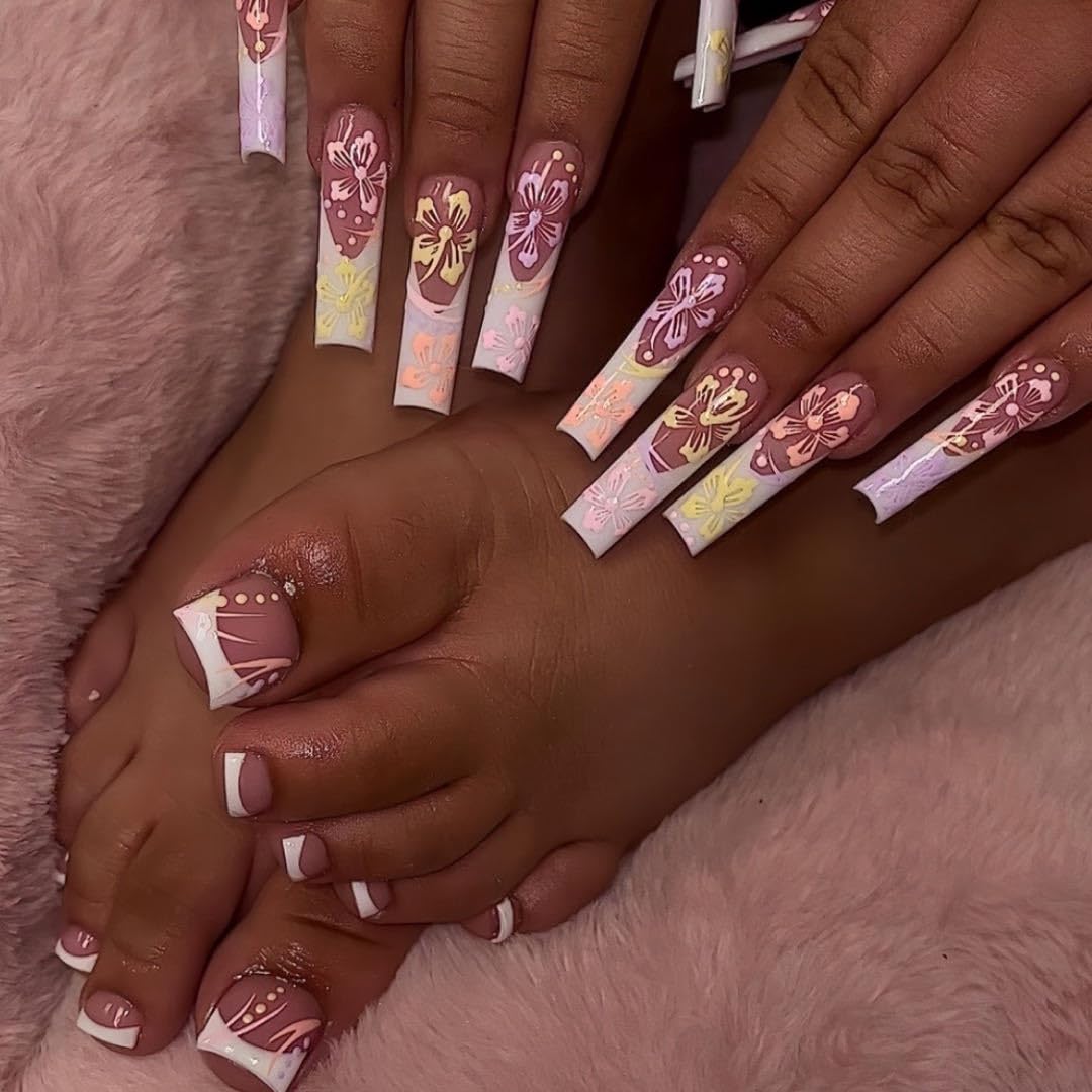 Press on Nails Long Coffin & Press on Toenails Set French Tip Fake Nails Flower False Nails Line Press on Toe Nails Full Cover Stick on Nails Acrylic Nails Glue on Nails for Women Manicure 48Pcs