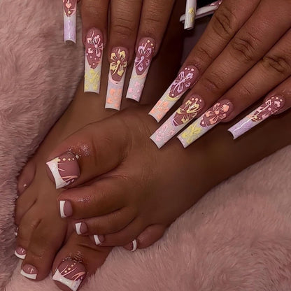 Press on Nails Long Coffin & Press on Toenails Set French Tip Fake Nails Flower False Nails Line Press on Toe Nails Full Cover Stick on Nails Acrylic Nails Glue on Nails for Women Manicure 48Pcs