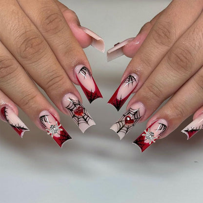 24Pcs LRKNNO Halloween Fake Nails Red French Tip Press on Nails with Charms Heart Spider Rhinestones Designs Halloween Glue on Nails Medium Square Acrylic False Nails for Women DIY Halloween Manicure