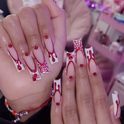 24Pcs Halloween French Tip Press on Nails Long Square Fake Nails with Red Spider Rhinestones Glue on Nails Spider Web Nails Tip Design Full Cover Halloween False Nails Blood Acrylic Nails for Women