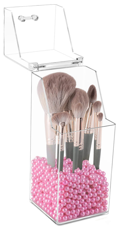 Sooyee Makeup Brush HolderMakeup Brush Organizer with 8mm Pink PearlsDustproof Makeup Brush holder with Lid
