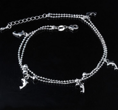 Silver Double Layer Star and Heart Charm Anklet