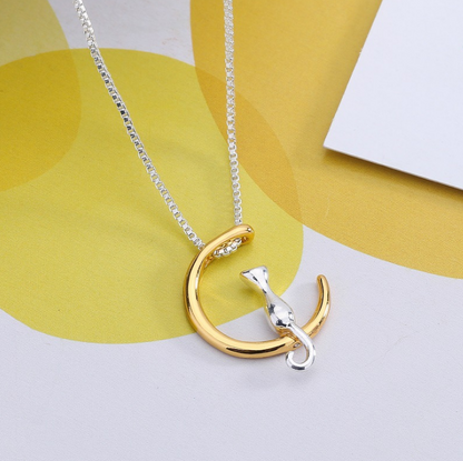 Cat Pendant Necklace with Moon Design