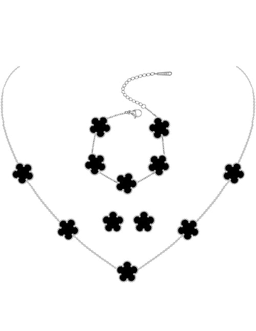 JIEMUCHU Gold Plated Stainless Steel Four Leaf Clover Bracelet Necklace and Stud Jewelry Set for Women (Black-White Gold Plated)
