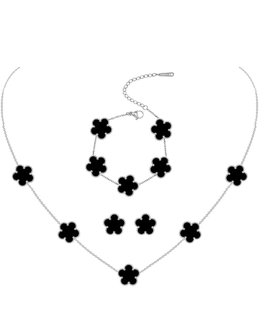 JIEMUCHU Gold Plated Stainless Steel Four Leaf Clover Bracelet Necklace and Stud Jewelry Set for Women (Black-White Gold Plated)