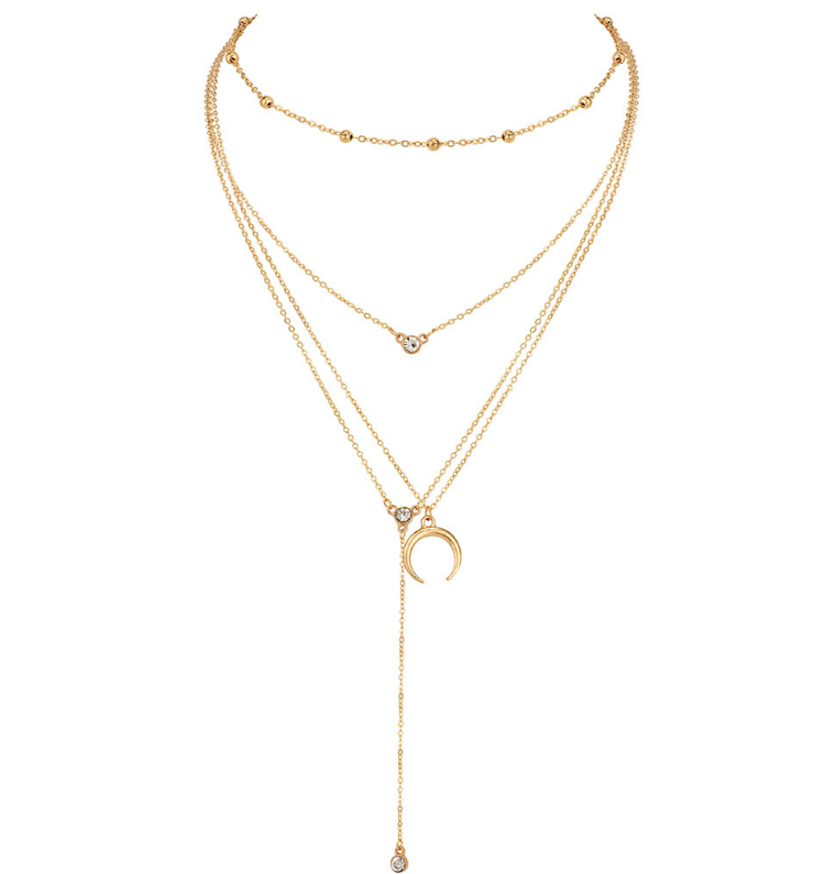 Multi-Layer Necklace with Moon Pendant and Beads
