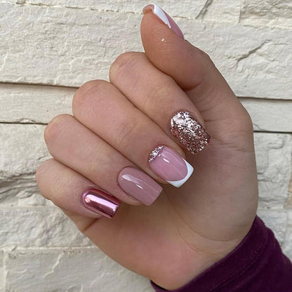 24Pcs Nude Christmas Press on Nails Medium Square Fake Nails Glossy Full Cover French Tip False Nails Glitter with Designs Stick on Nails for Women