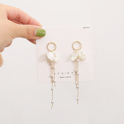 Korean Style S925 Silver Pearl Petal Tassel Earrings