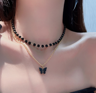 Minimalist Double Layer Choker Necklace with Cross Pendant