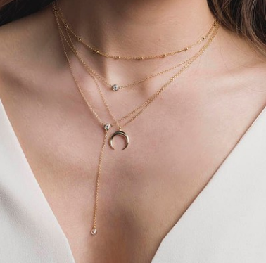 Multi-Layer Necklace with Moon Pendant and Beads