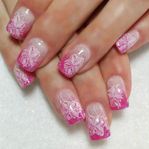 Medium Press on Nails Square Fake Nails with Glitter Flower Designs Pink Gradient Nails Press ons Glossy Glue on Nails Nude Acrylic Nails Spring False Nails Artificial Stick on Nails for Women 24Pcs