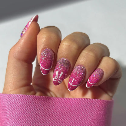 BABALAL Almond Press on Nails Medium Fake Nails Rose Pink Glue on Nails Bow Acrylic Nails 24Pcs Glitter Bling Stick on Nails with Design Stiletto Manicure Shiny Gel Nails