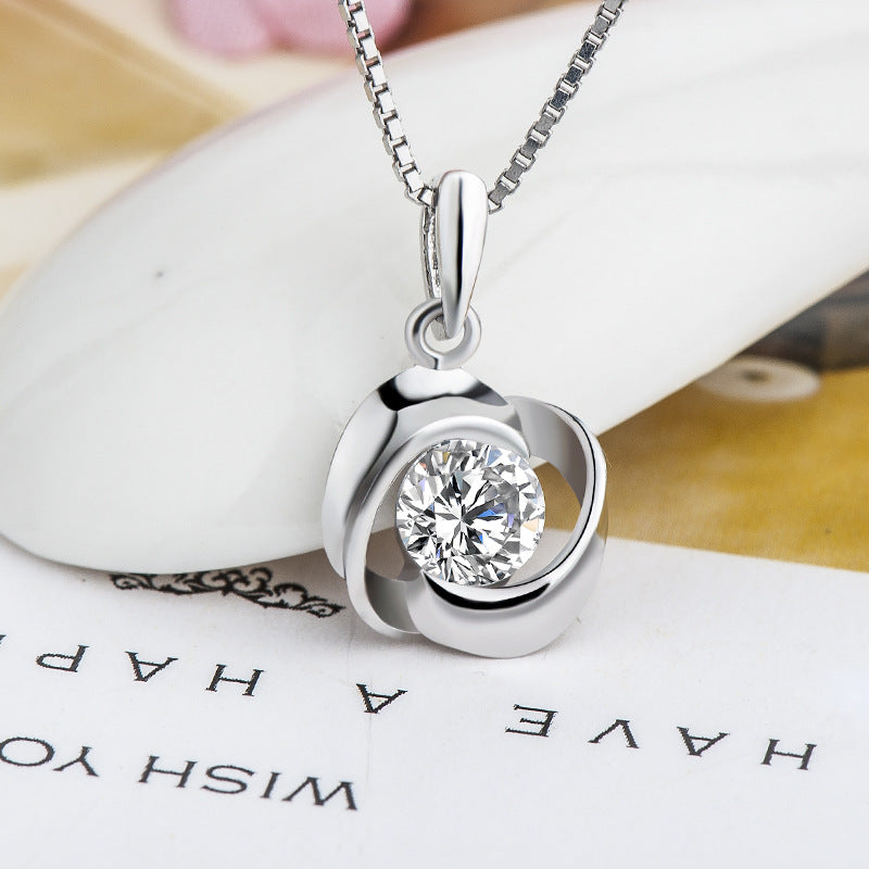 Rose Pendant Necklace with S925 Silver and Zirconia