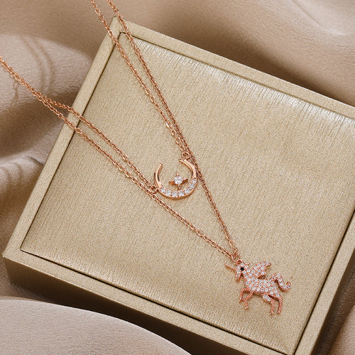 Romantic Unicorn Star Moon Necklace, Double Layer Chain