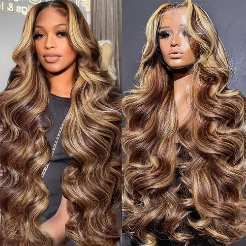 34 Inch Ombre Lace Front Wig Human Hair 13x6 Highlight Body Wave Wigs Human Hair Pre Plucked 180 Density #4/27 Colored Glueless Wigs Honey Blonde Brazilian Lace Frontal Wigs Human Hair for Women
