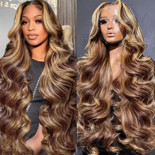 34 Inch Ombre Lace Front Wig Human Hair 13x6 Highlight Body Wave Wigs Human Hair Pre Plucked 180 Density #4/27 Colored Glueless Wigs Honey Blonde Brazilian Lace Frontal Wigs Human Hair for Women