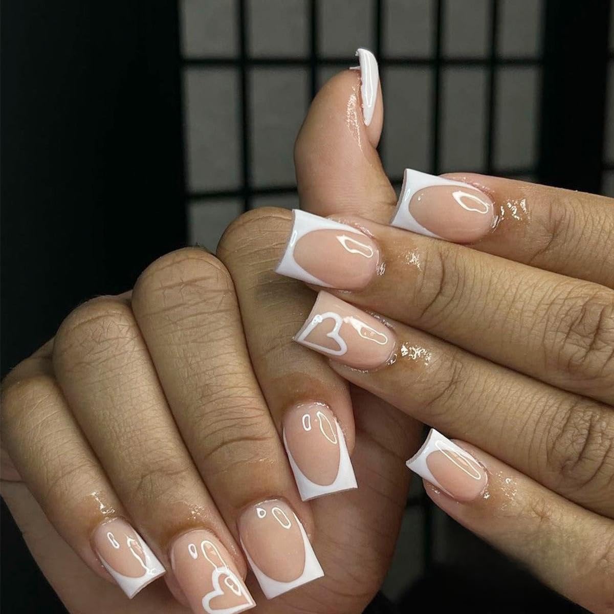 Medium Press on Nails Heart French Tip Fake Nails Glossy Pink Square Acrylic Nails Valentines Medium Length False Nails With French Heart Designs Artificial Glue on Nails for Women