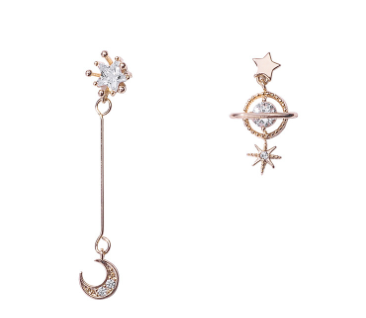 S925 Silver Asymmetric Star Moon Earrings with Zircon