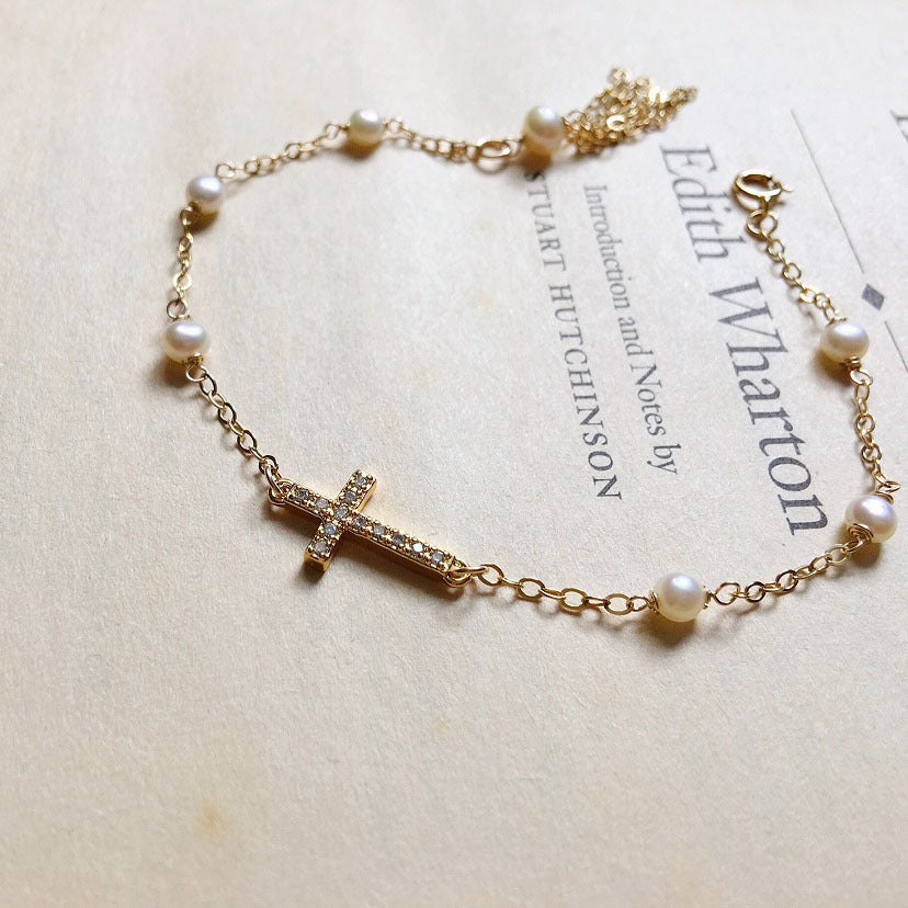 S925 Silver Plated Cross Pearl Bracelet for Women
