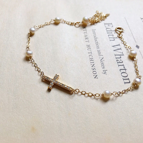 S925 Silver Plated Cross Pearl Bracelet for Women