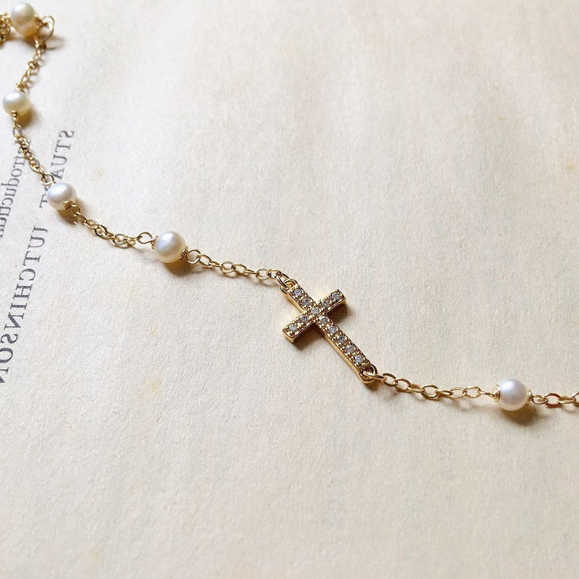 S925 Silver Plated Cross Pearl Bracelet for Women