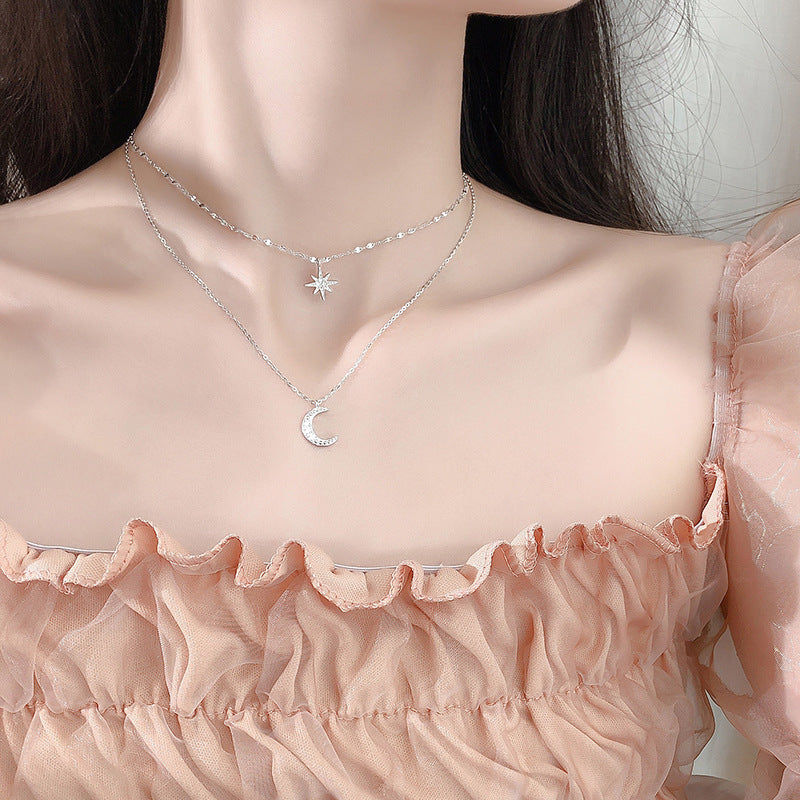 Trendy Silver-Plated Moon and Star Layered Necklace