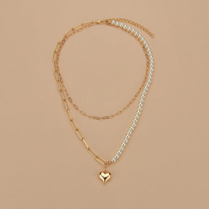 Golden Love Heart Faux Pearl Double Layer Necklace