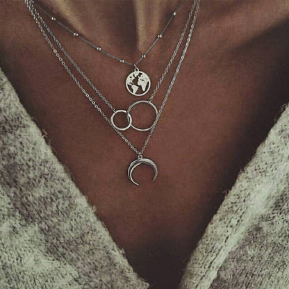 Layered Moon Map Necklace - Bohemian Style Pendant