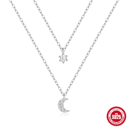 S925 Silver Double Layer Moon Necklace with Zirconia