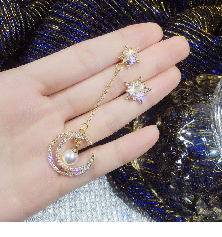 S925 Silver Asymmetrical Star and Moon Long Earrings