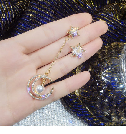 S925 Silver Asymmetrical Star and Moon Long Earrings