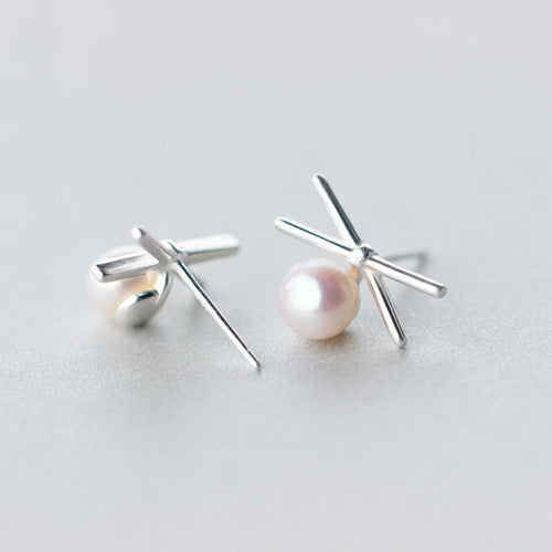 S925 Silver Pearl Cross Line Earrings for Women
