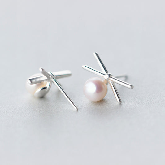 S925 Silver Pearl Cross Line Earrings for Women
