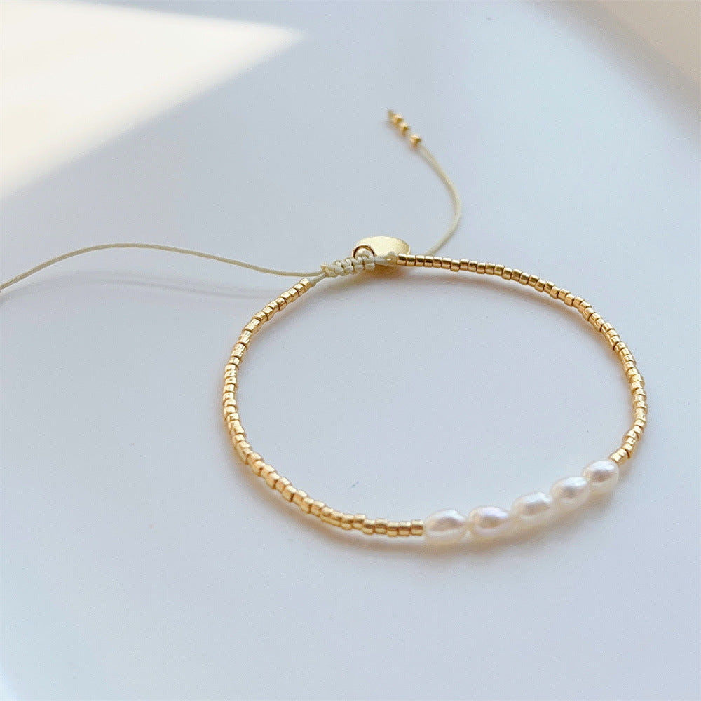 Gold Bead Bracelet with Natural Pearl Accents