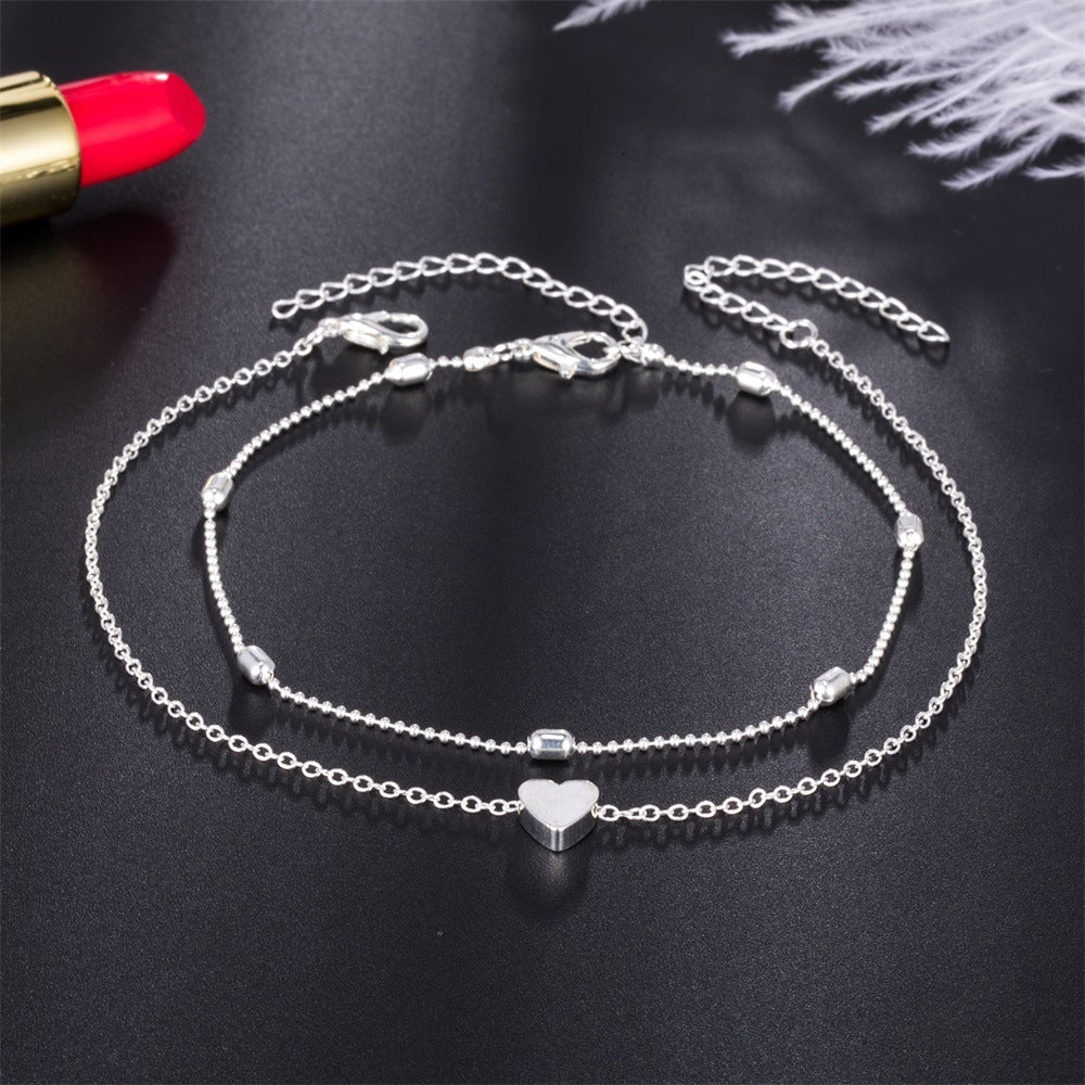 Double Layer Beach Bead Heart Anklet Bracelet
