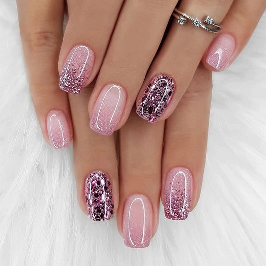 MISUD Press on Nails Short Square Fake Nails Glossy Glue on Nails Bling Glitter Acrylic Nails Squoval Artificial Nails Purple Ombre Stick on False Nails with Sparkly Design 24 pcs
