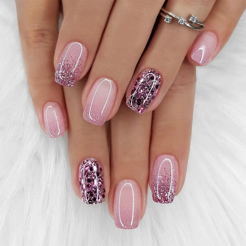MISUD Press on Nails Short Square Fake Nails Glossy Glue on Nails Bling Glitter Acrylic Nails Squoval Artificial Nails Purple Ombre Stick on False Nails with Sparkly Design 24 pcs